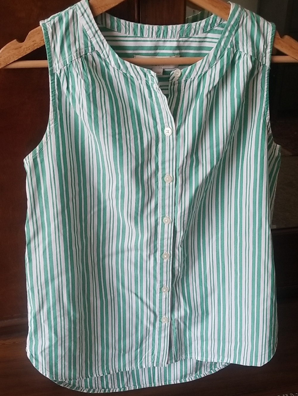 LOFT Green and White Striped Sleeveless Button-Front Top